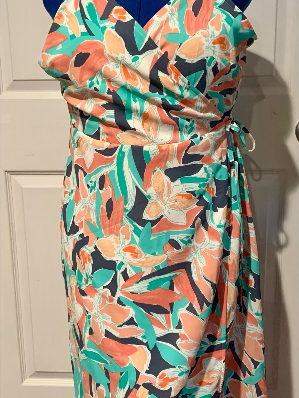 Anne Klein Coral, Teal & Navy Floral Wrap Midi Dress